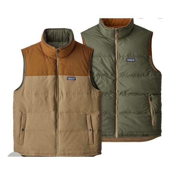 Patagonia Mens L Reversible Bivy Down Puffer Vest Tan Green - Picture 1 of 12